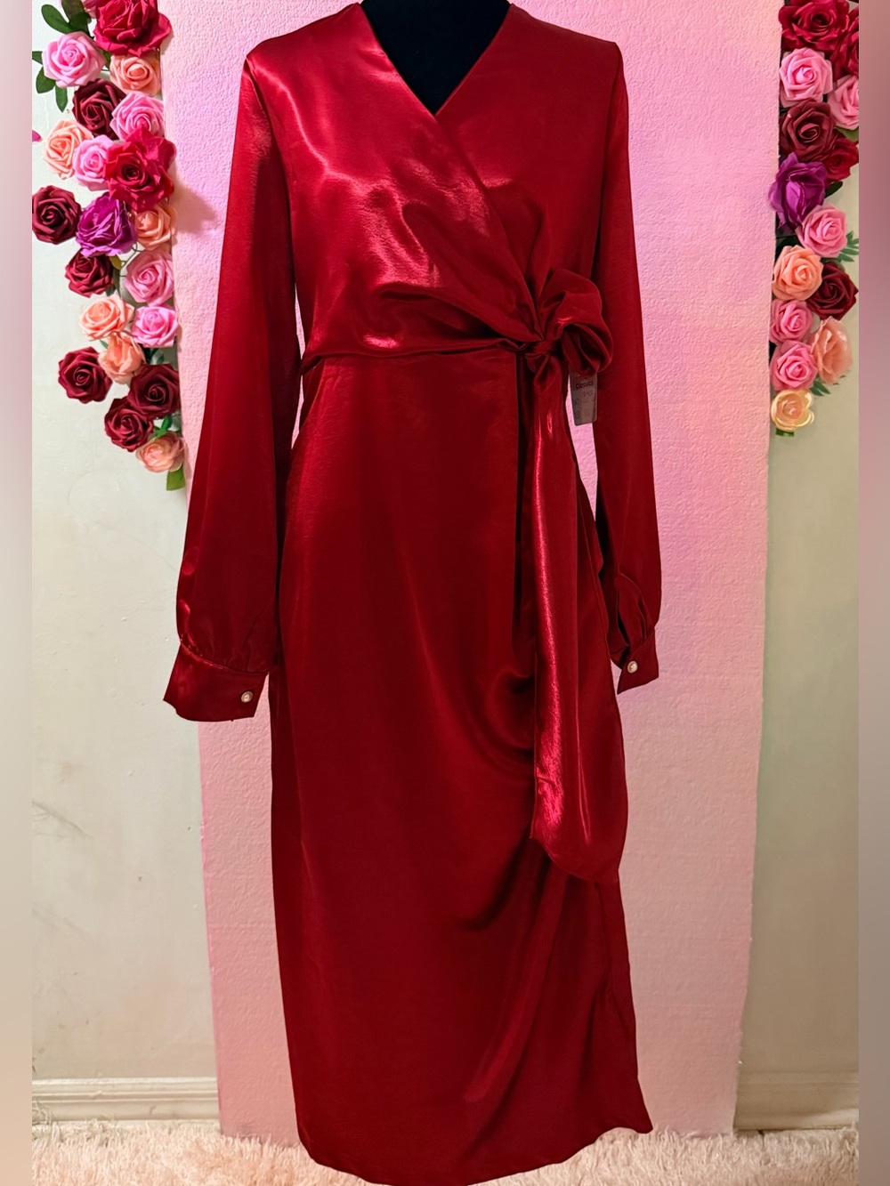 Red Satin Wrap Dress with Side Tie